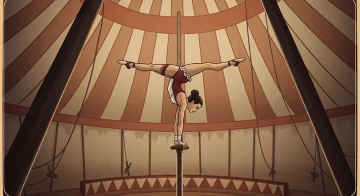 A vintage-style illustration of an acrobat performing on a tent pole in a 1920s traveling circus.