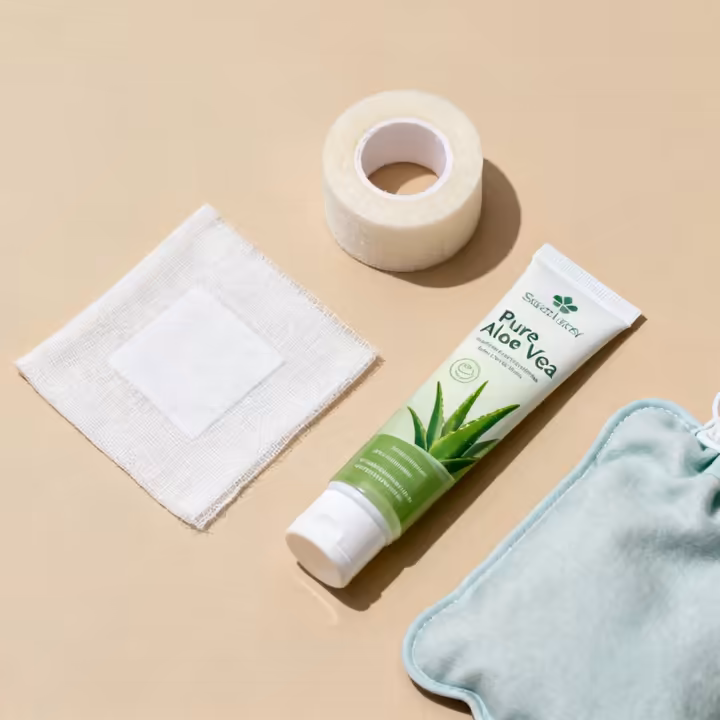 A flat lay of burn care first-aid items: a non-stick gauze pad, a tube of aloe vera gel, and a reusable cool pack.
