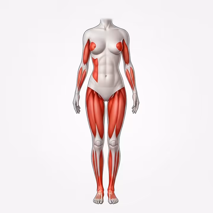 An anatomical illustration of a pole dancer with common pole burn hotspots highlighted in red: inner thighs, armpits, inner biceps, shins, and side body.