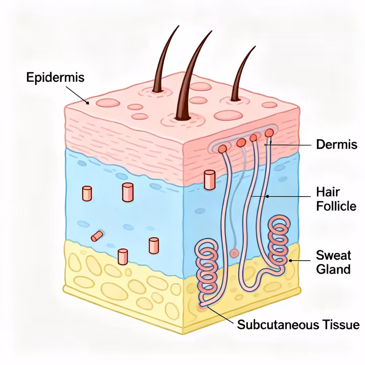 A medical illustration showing the three layers of human skin: the epidermis, dermis, and subcutaneous tissue.