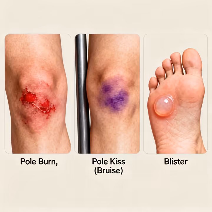 A triptych showing a close-up of a pole burn (red abrasion), a pole kiss (bruise), and a friction blister on a dancer's skin.