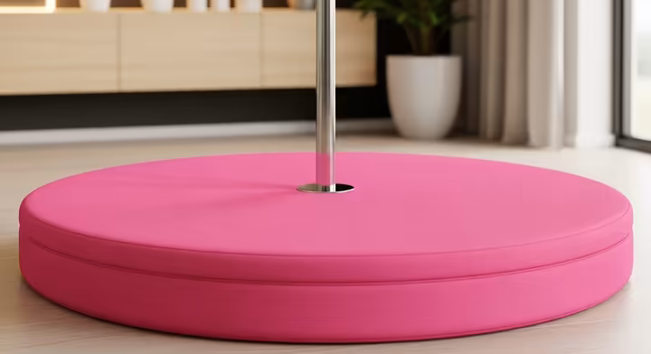 A thick, circular crash mat placed around the base of a home dance pole.