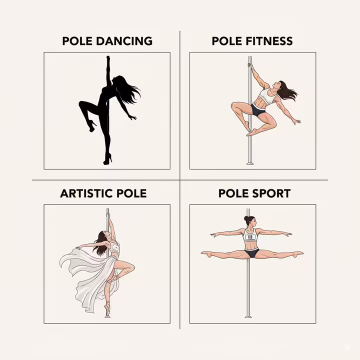 A four-panel image showing the evolution from sensual pole dancing with heels, to pole fitness in gym wear, to artistic pole with a thematic costume, to pole sport with an official uniform.