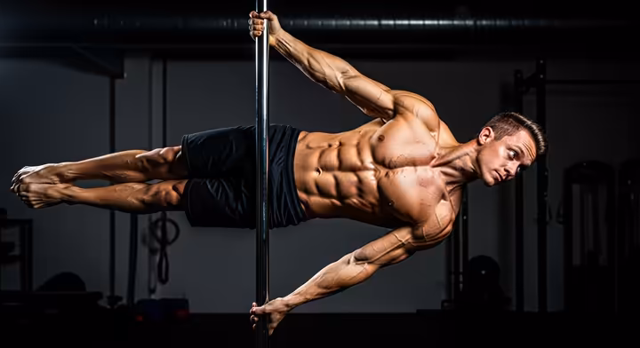 An incredibly muscular male pole athlete holding a perfect human flag pose, showcasing immense core and upper body strength.