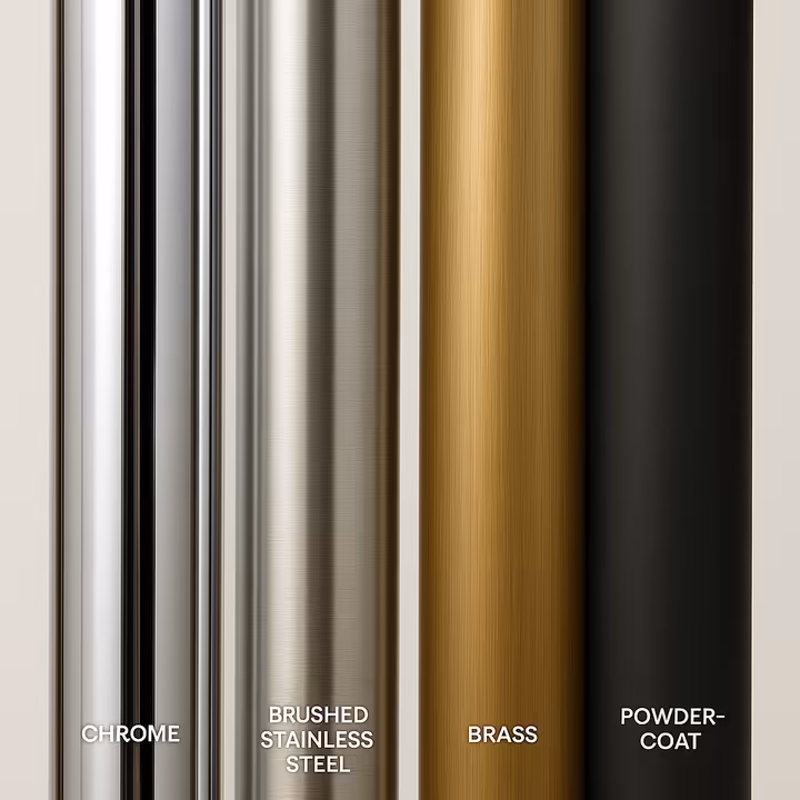 A close-up shot of four different pole finishes side-by-side: shiny chrome, matte stainless steel, golden brass, and black powder-coated.