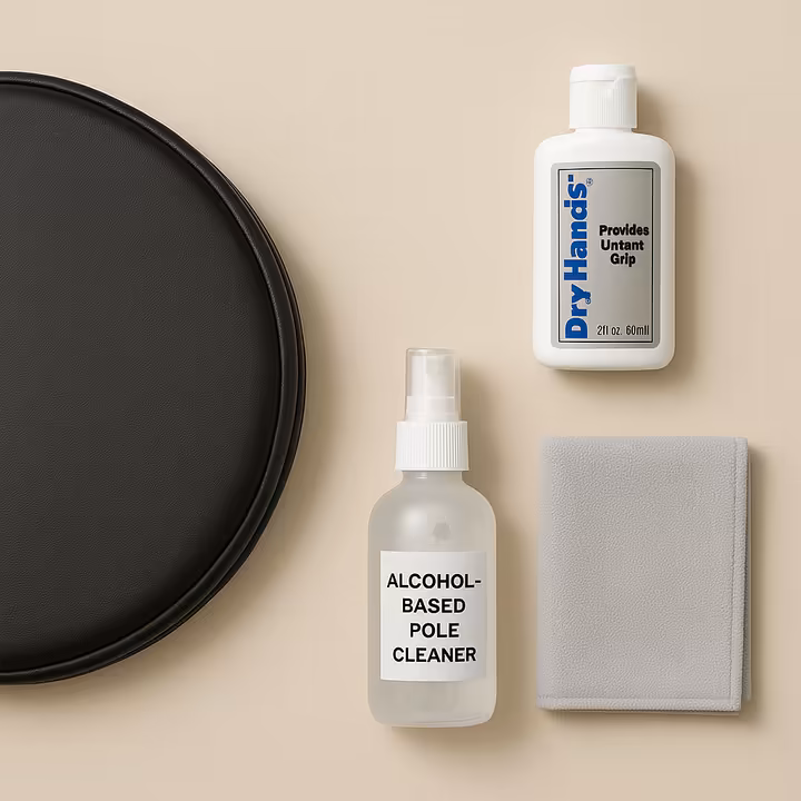 A flat lay image of essential pole dancing accessories: a thick crash mat, a bottle of grip aid, and a microfiber cloth with a spray bottle of pole cleaner.