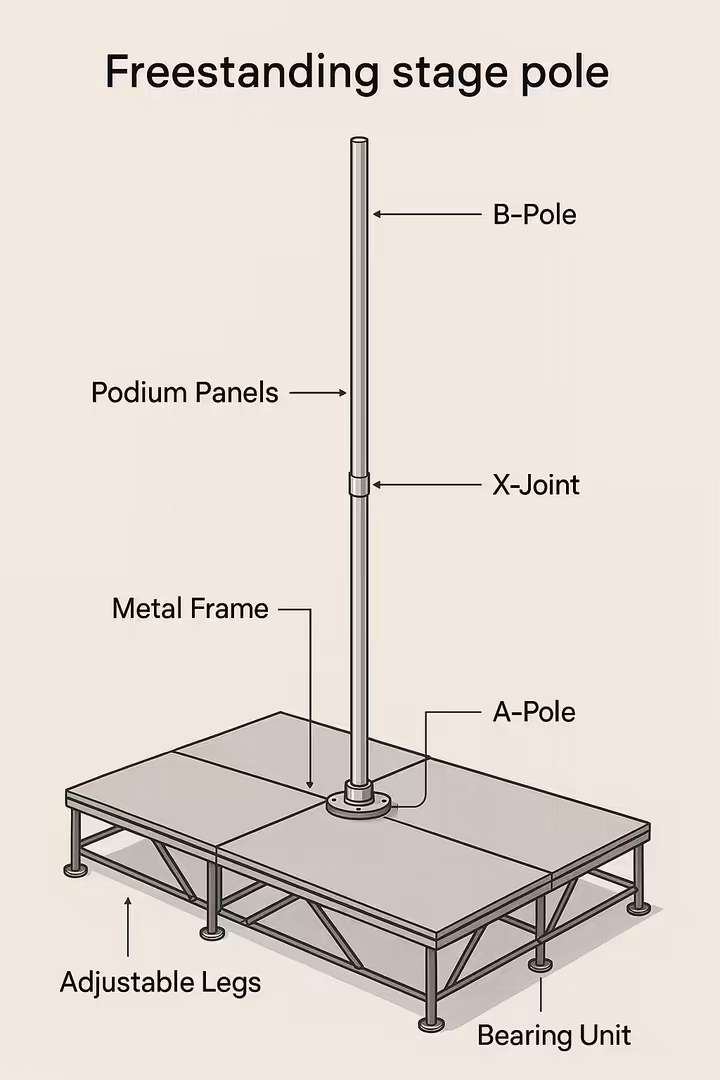 A labeled diagram showing the anatomy of a stage pole, including the podium base, frame, pole sections, and bearing unit.