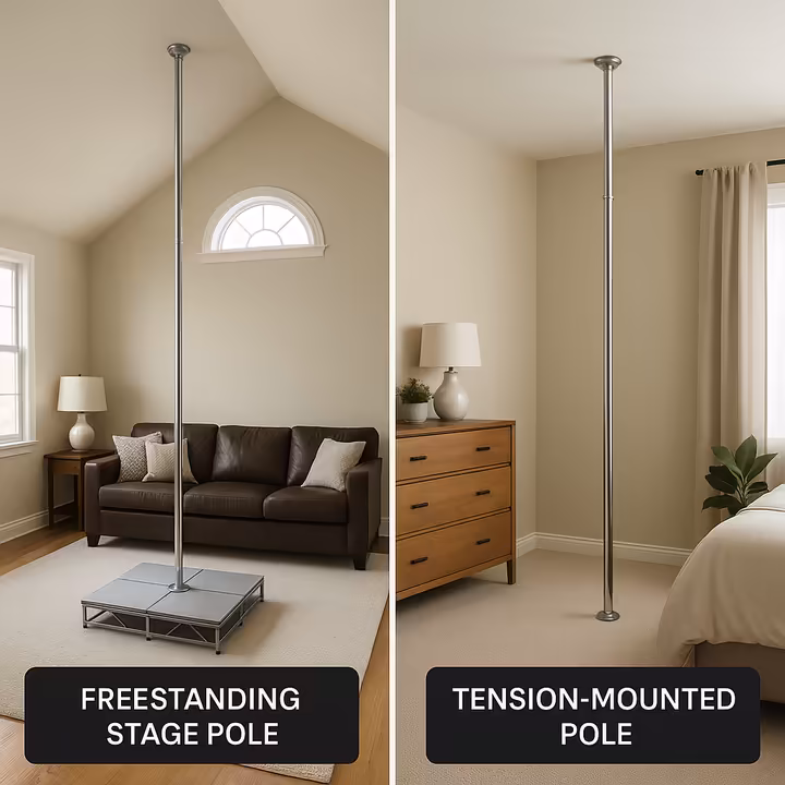 A comparison image showing a stage pole on one side under a vaulted ceiling and a tension-mounted pole on the other side under a flat ceiling.