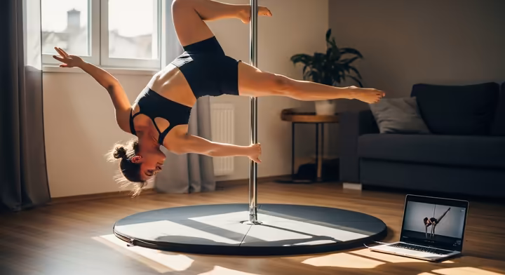 A person following an online pole dance tutorial on a laptop placed on the floor next to their home pole.