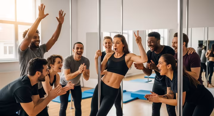 A group of pole dance students clapping and cheering for a classmate who has just successfully completed a difficult move.