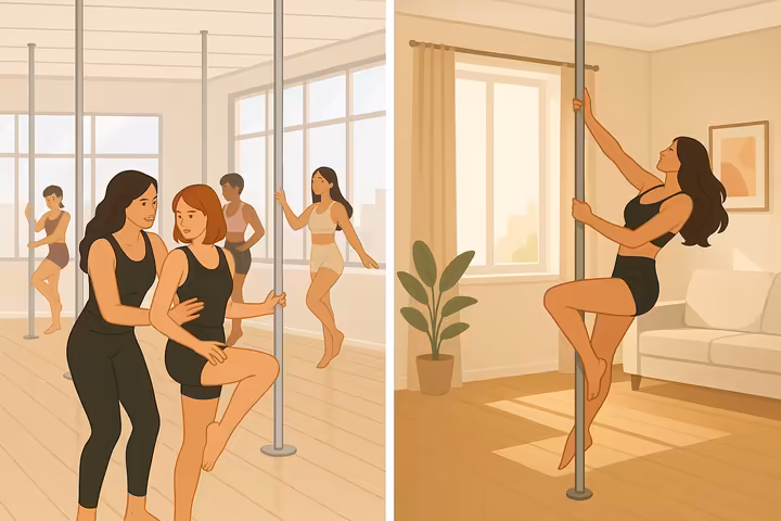 A split-screen image showing a vibrant pole dance studio on one side and a cozy home pole setup on the other.